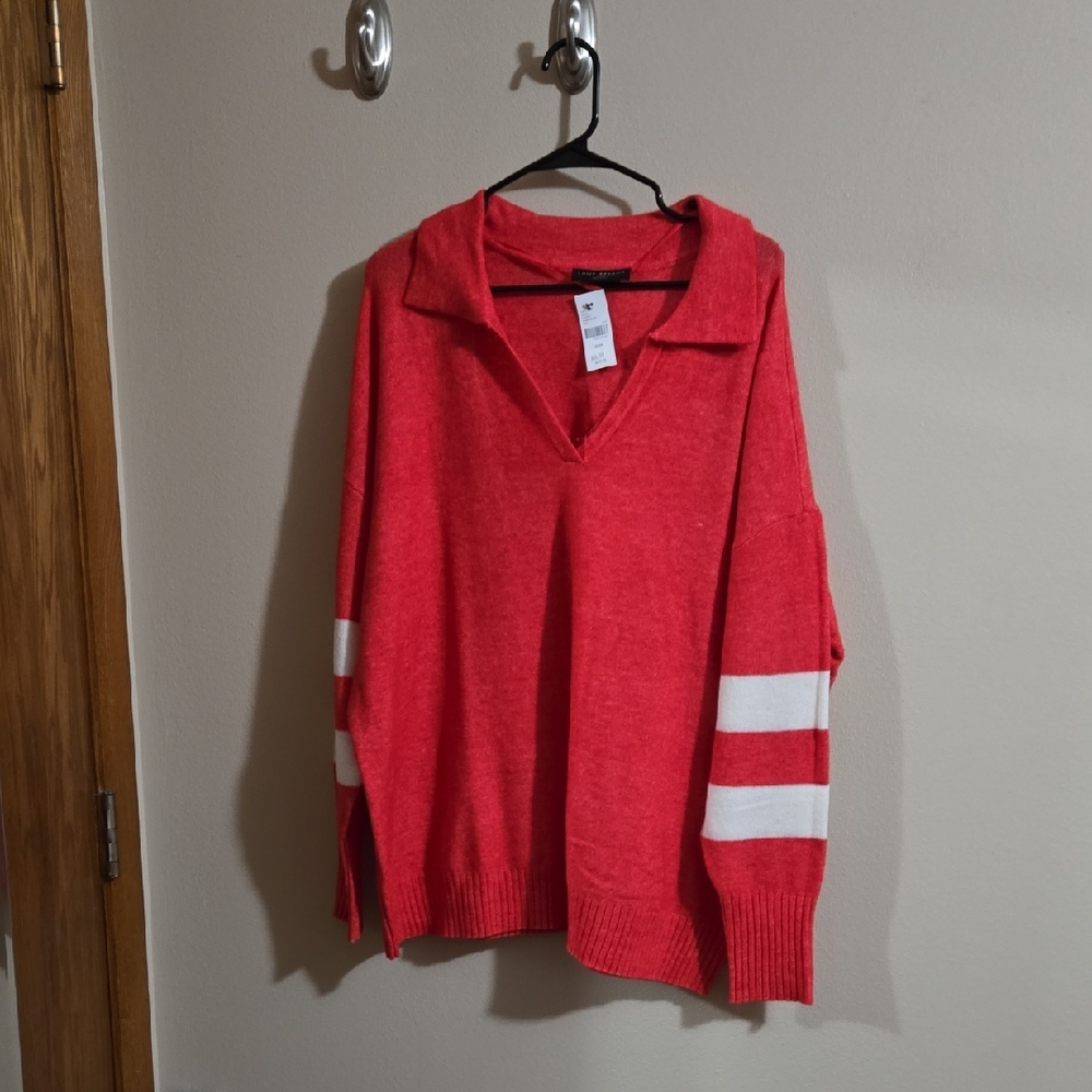 Lane Bryant Red V-Neck Sweater with White Stripes
